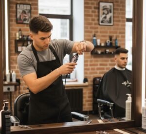 Barber performing a precise low taper fade haircut in a modern barbershop.