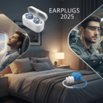 Best Earplugs 2025 for sleep, travel, and noise protection displayed in a cozy bedroom, airplane, and workplace setting