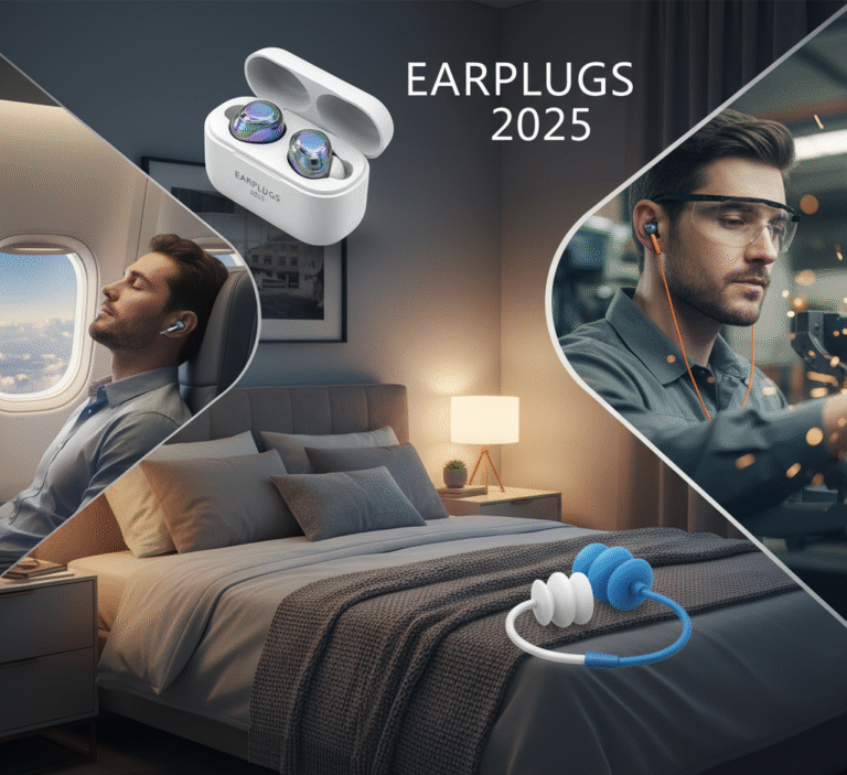 Best Earplugs 2025 – Sleep, Travel & Noise Protection Guide Best Earplugs 2025 for sleep, travel, and noise protection displayed in a cozy bedroom, airplane, and workplace setting