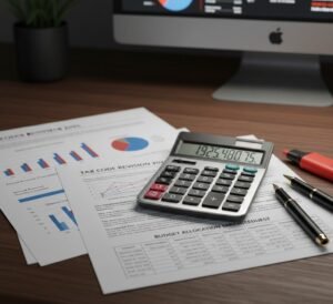 Budget planning and tax updates with charts and financial documents.