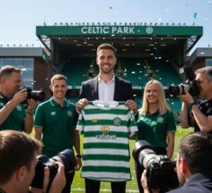 Celtic FC player scoring a goal during a Scottish Premiership match at Celtic Park