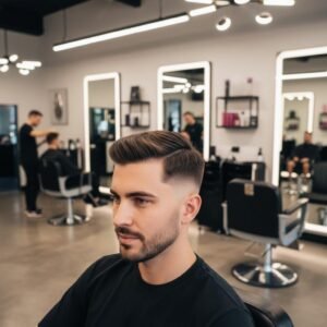 Classic taper fade haircut for men with clean fade and textured top