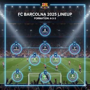 FC Barcelona 2025 predicted lineup shown in a blue and garnet 4-3-3 formation graphic.