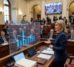 Finance minister presenting the annual budget live in parliament.