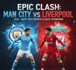 Man City vs Liverpool 2025 poster with team logos and players.