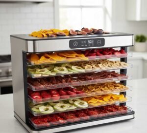 Meat Your Maker food dehydrator with fruits and jerky inside