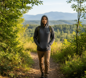 Person wearing Freefly Apparel bamboo hoodie on hiking trail – sustainable clothing brand, eco-friendly activewear