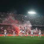 Rayo Vallecano vs Real Madrid players battling under stadium floodlights in La Liga 2025 match.