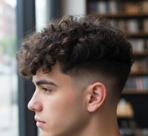 Side profile of a man with curly hair and low taper fade haircut highlighting hair texture.